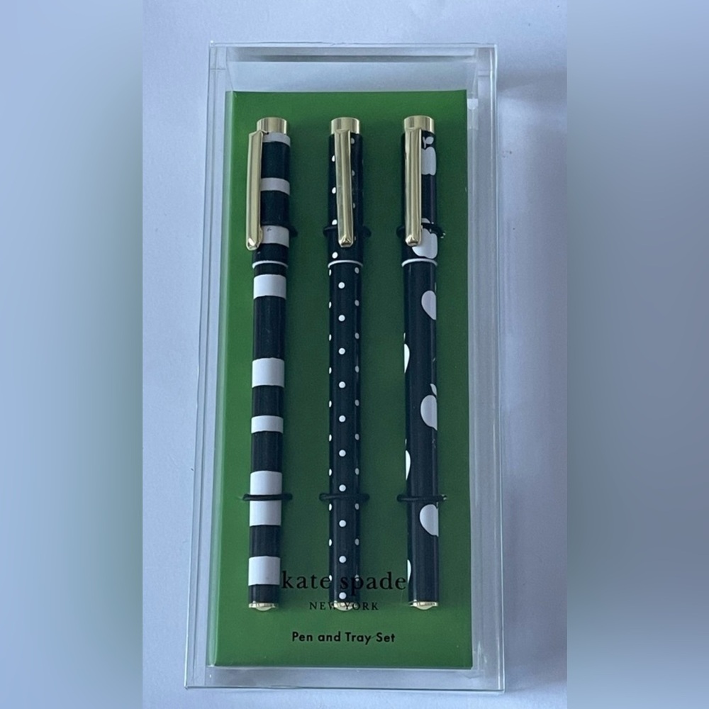 Kate Spade Dots & Stripes Fine Tip Pen Set With Acrylic Tray, NEW WITH TAGS